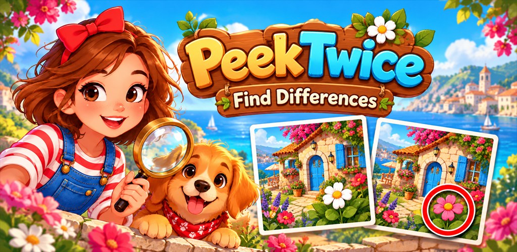 PeekTwice girl and puppy exploring a seaside village, with paired cottage pictures and a flower difference.